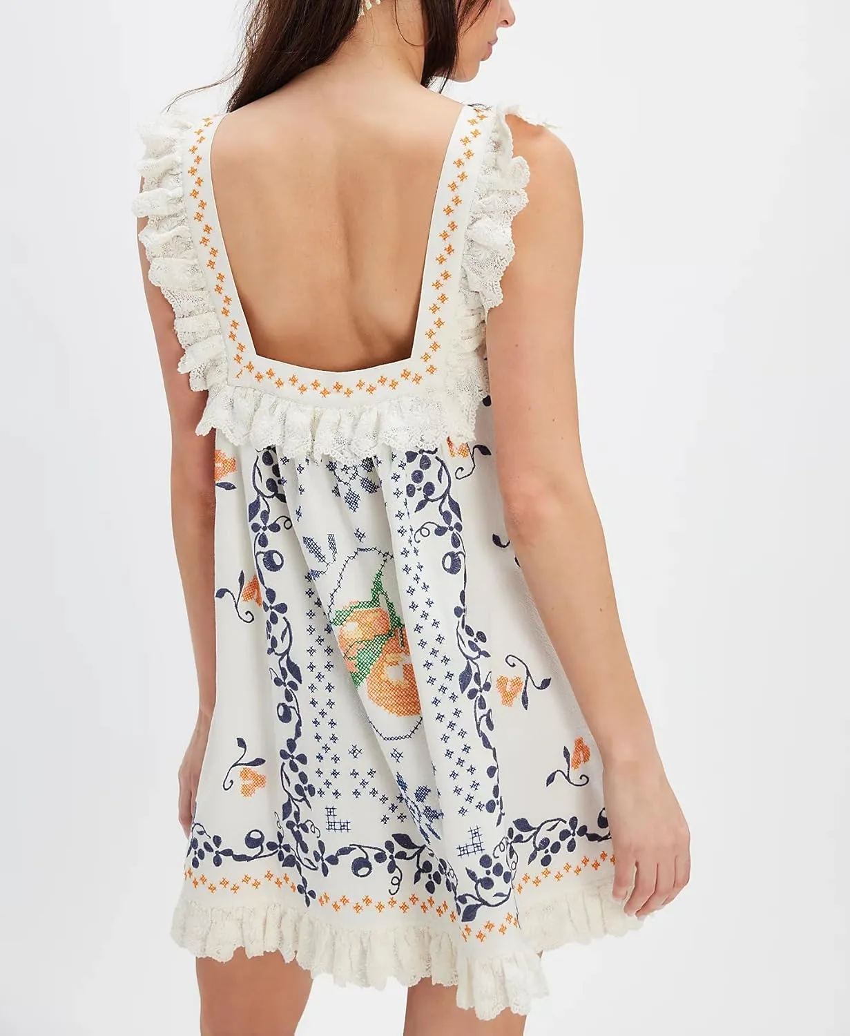 Cute Floral Ruffle Babydoll Dress Y2k Embroidered Lace Trim Mini Dresses Sleeveless Tie Front Flowy Short Boho Dress