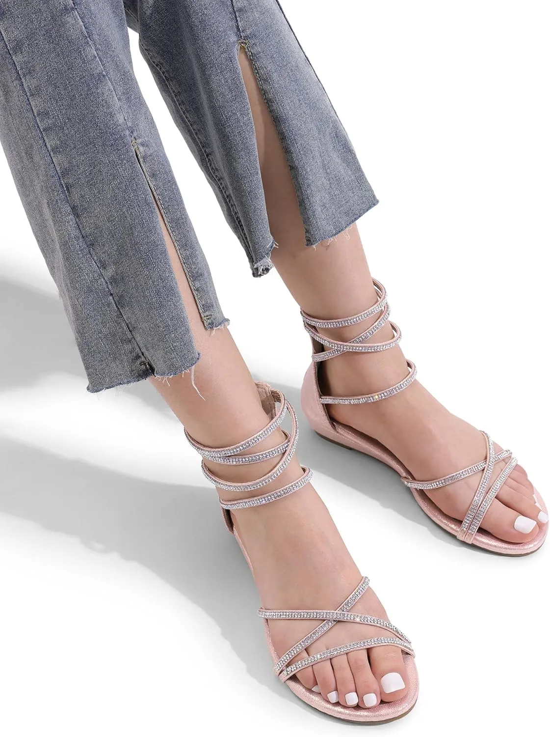 DREAM PAIRS Women's Ankle Strap Flat Sandals Summer Dressy Strappy Gladiator Rhinestones Sandals