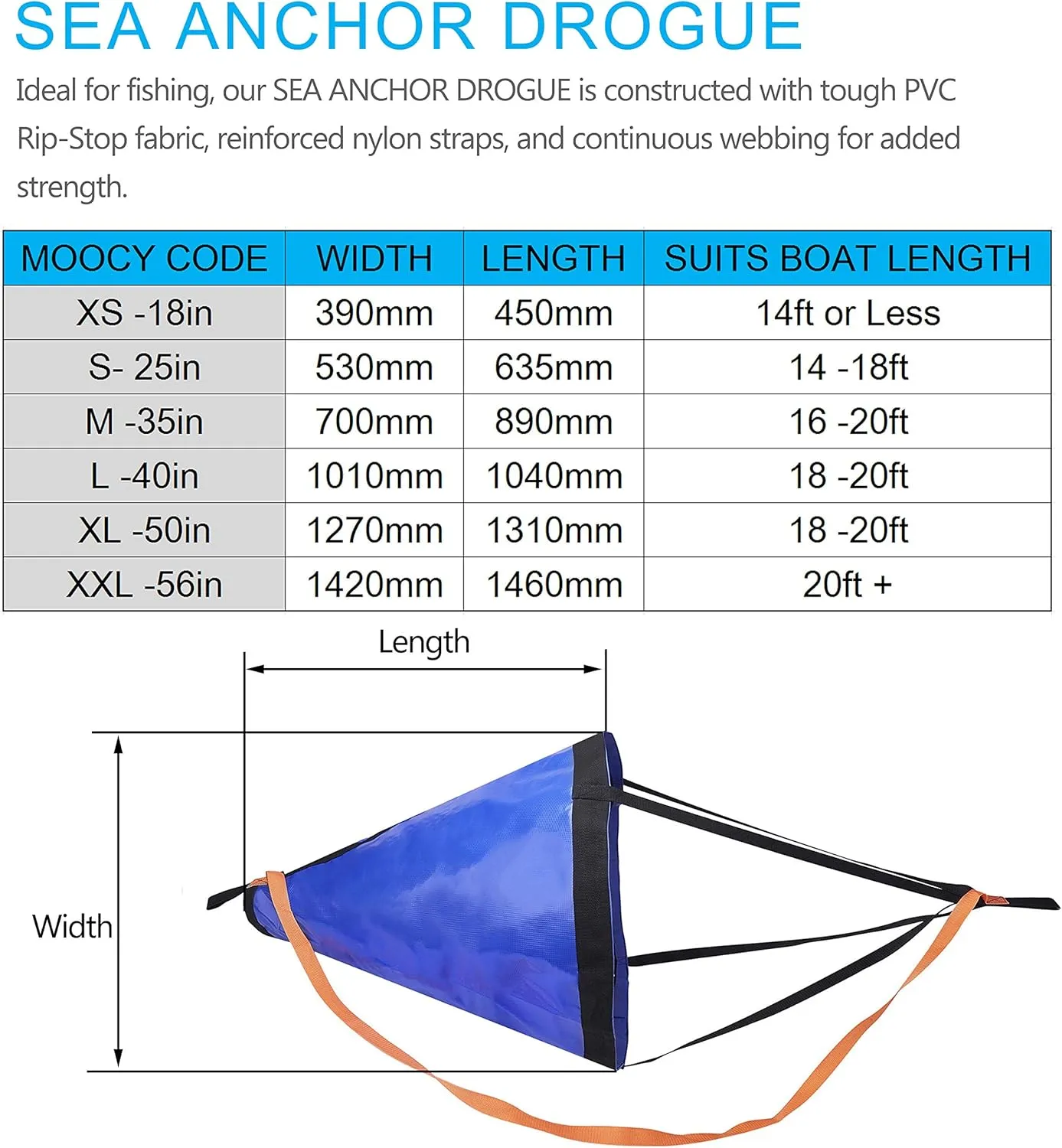 Drift Sock, Ocean Anglers Fishing Drogue for Boat/Kayak/Pontoon (35in)