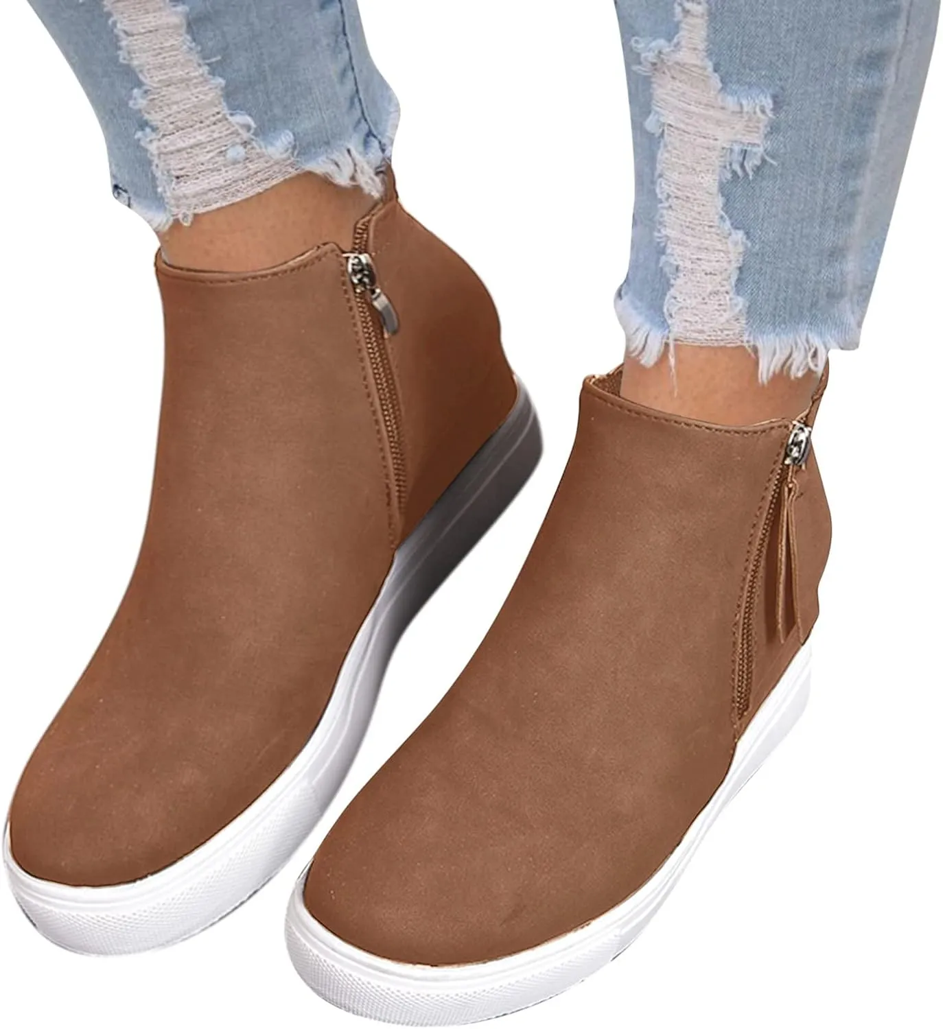 Dsisskai Flat Booties for Women Casual Comfortable Round Toe Leather Sneakers Ankle Boots Side Zipper Anti-Slip Fashion Outdoor Walking Boots for Women