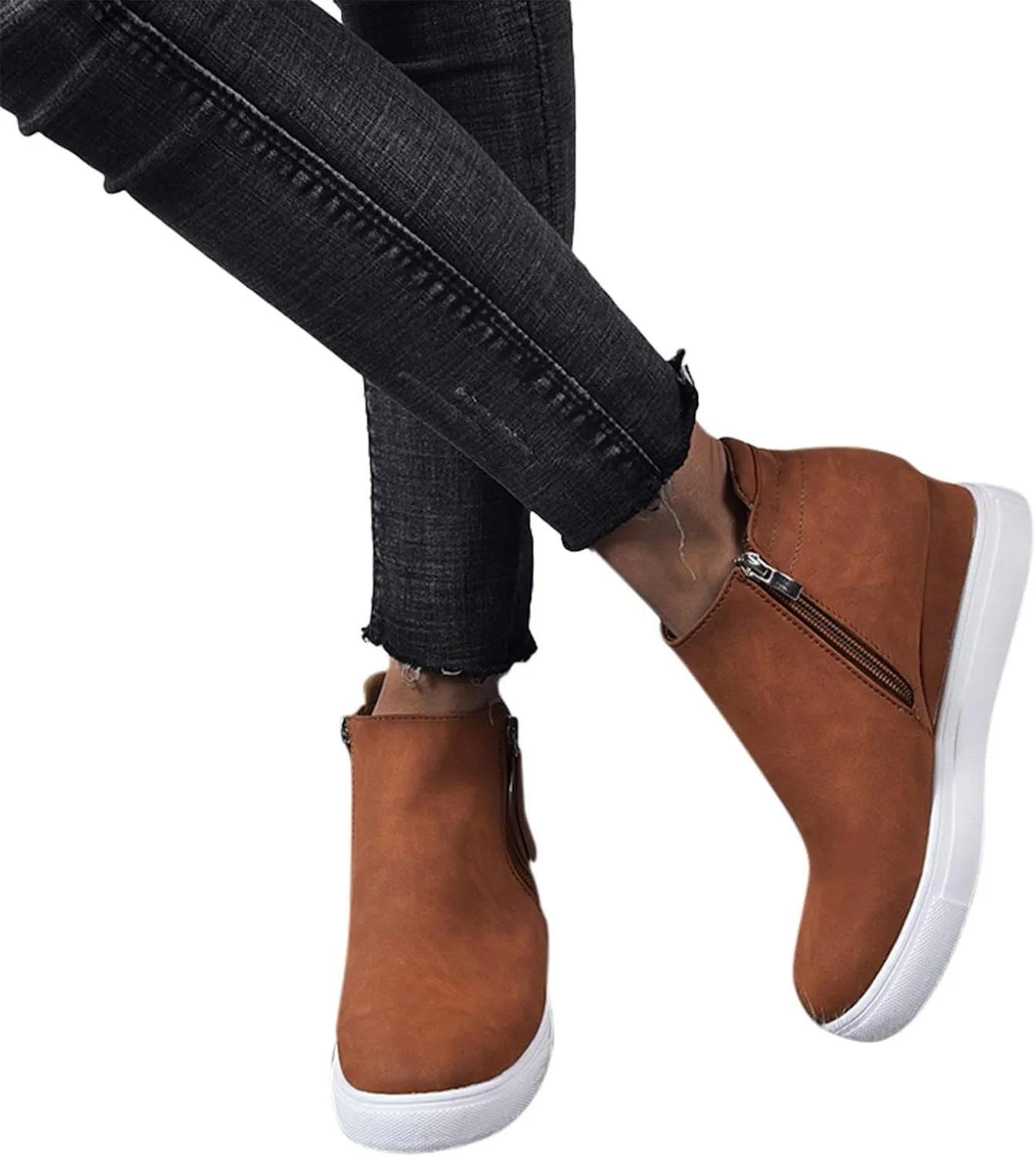 Dsisskai Flat Booties for Women Casual Comfortable Round Toe Leather Sneakers Ankle Boots Side Zipper Anti-Slip Fashion Outdoor Walking Boots for Women