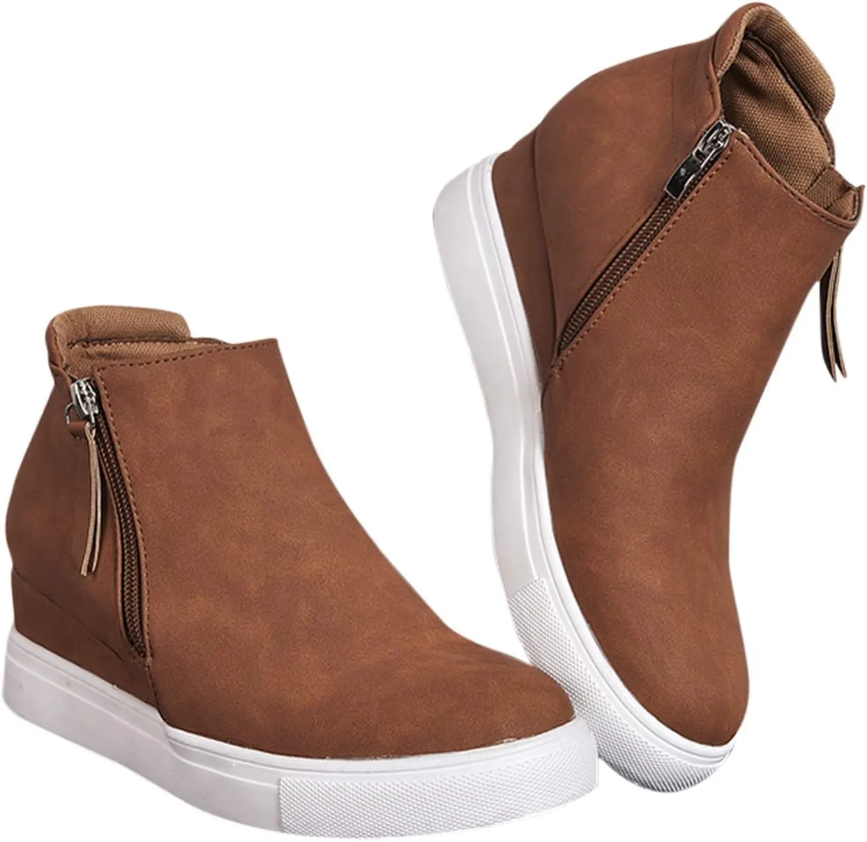 Dsisskai Flat Booties for Women Casual Comfortable Round Toe Leather Sneakers Ankle Boots Side Zipper Anti-Slip Fashion Outdoor Walking Boots for Women