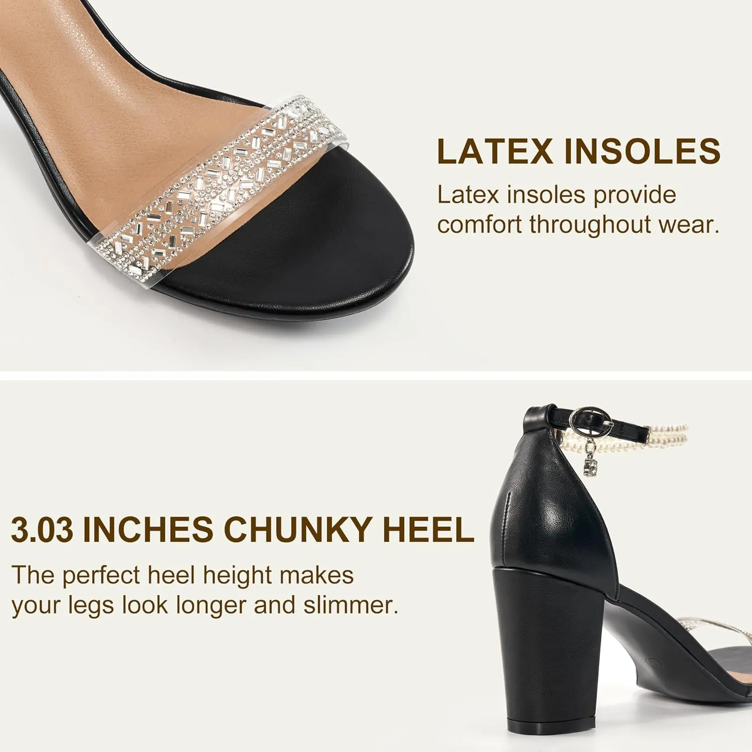 Ecetana Womens Sandals High Heels Open Toe Rhinestone Pearl Block Chunky Heeled Ankle Strap Dressy Sexy Shoes for Wedding Party