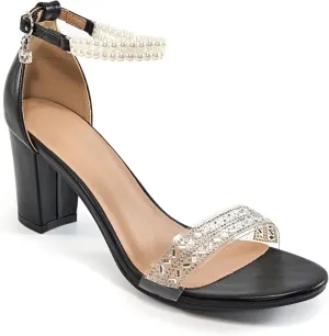 Ecetana Womens Sandals High Heels Open Toe Rhinestone Pearl Block Chunky Heeled Ankle Strap Dressy Sexy Shoes for Wedding Party