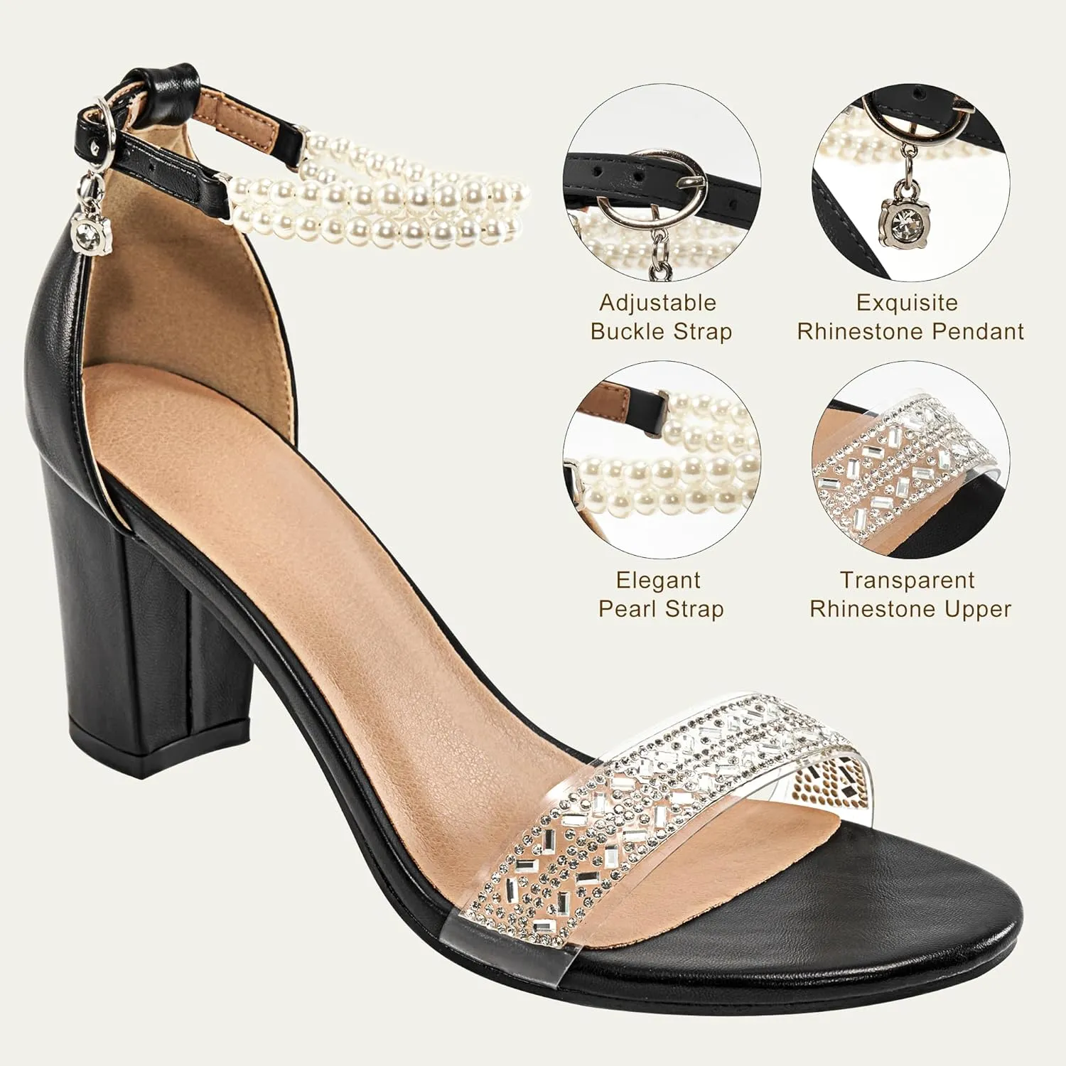 Ecetana Womens Sandals High Heels Open Toe Rhinestone Pearl Block Chunky Heeled Ankle Strap Dressy Sexy Shoes for Wedding Party