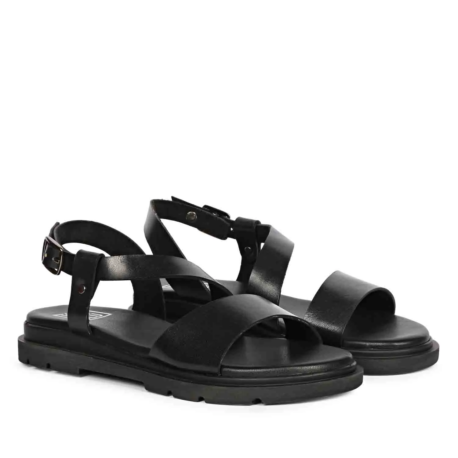 Elara Black Leather Flat Sandals