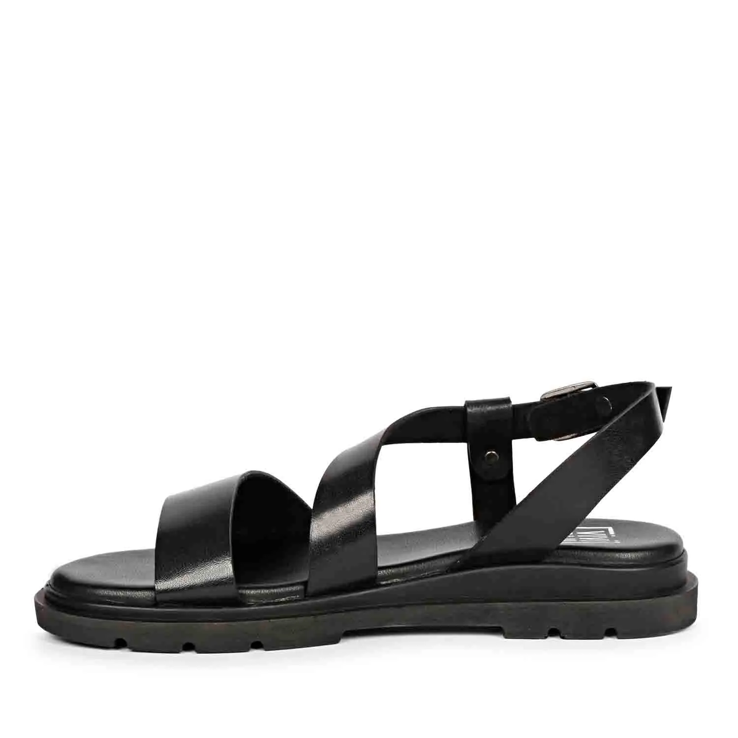 Elara Black Leather Flat Sandals