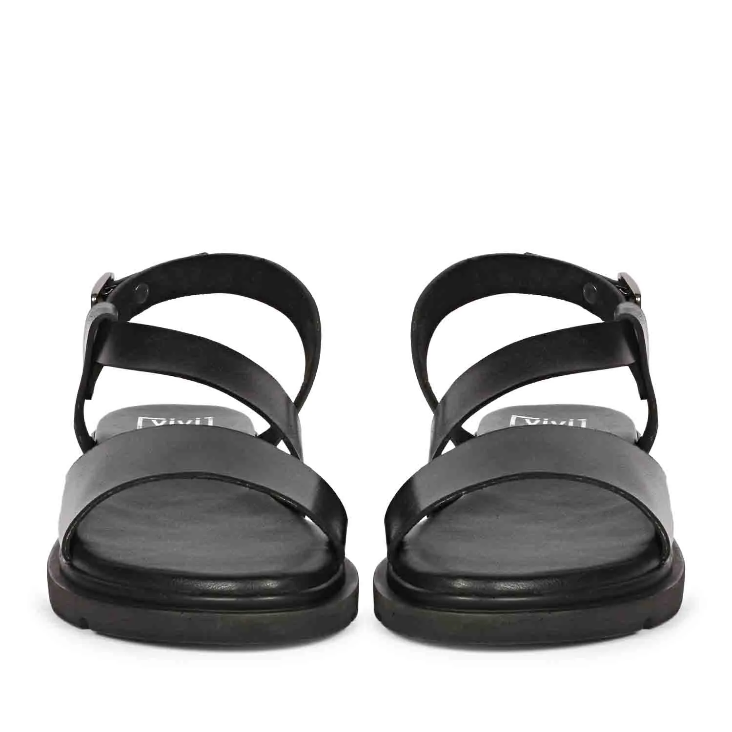 Elara Black Leather Flat Sandals