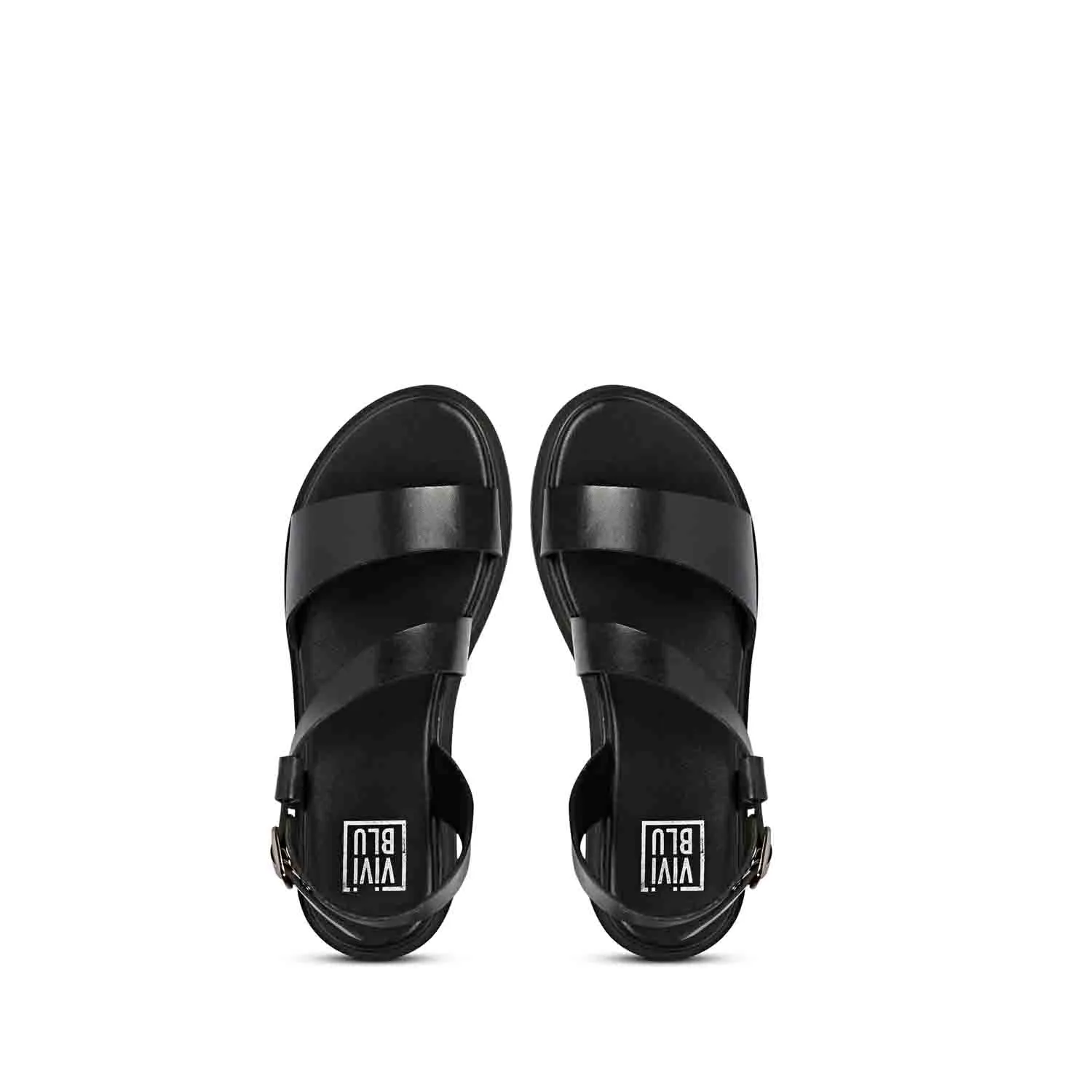Elara Black Leather Flat Sandals