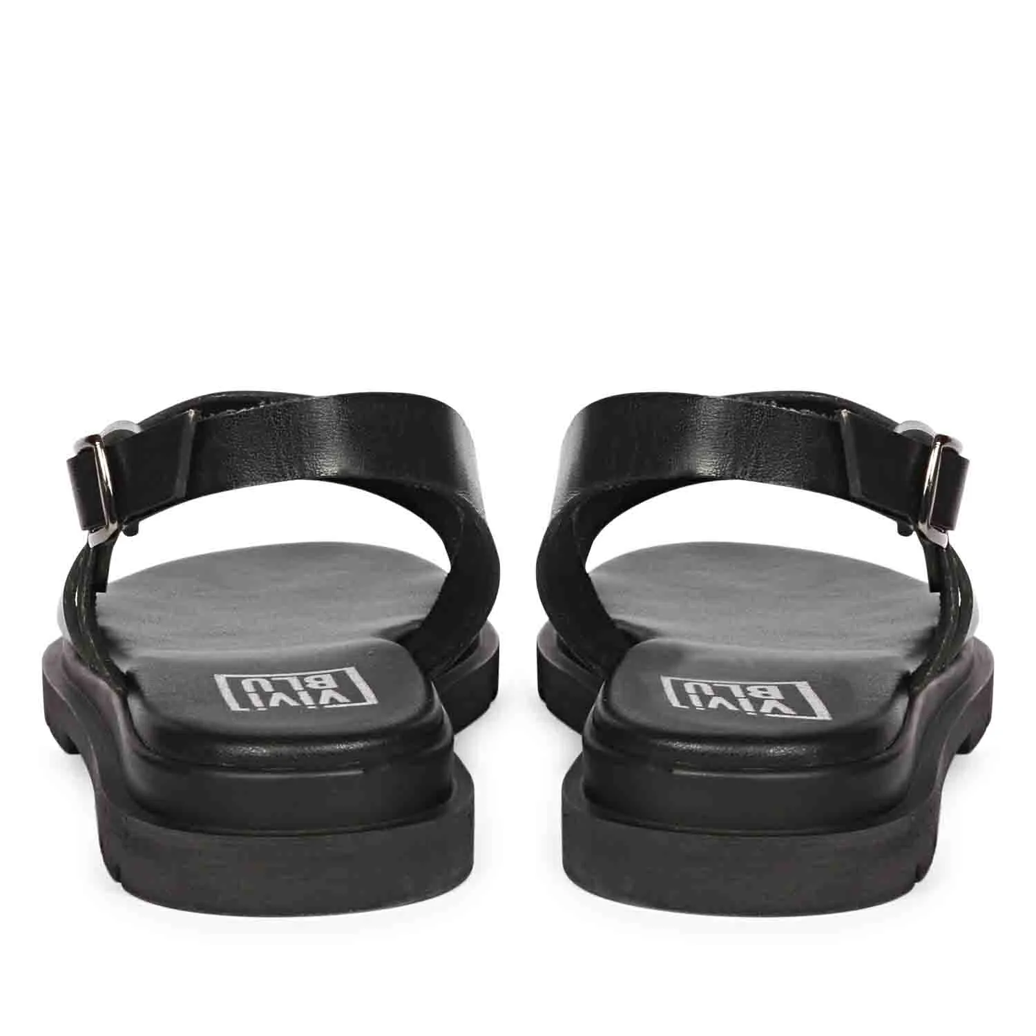 Elara Black Leather Flat Sandals