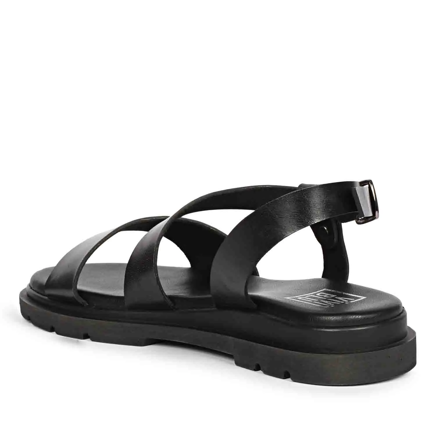 Elara Black Leather Flat Sandals