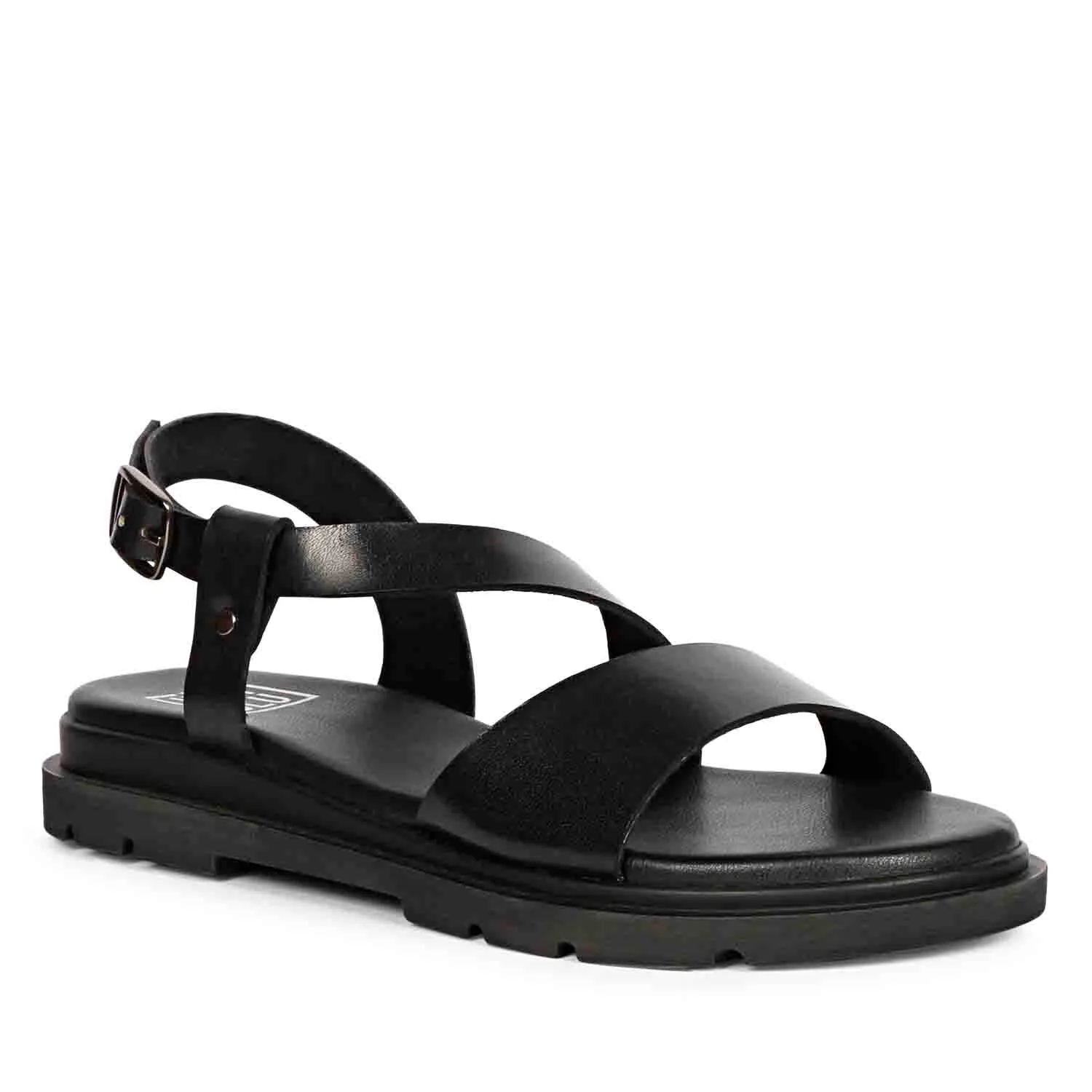 Elara Black Leather Flat Sandals