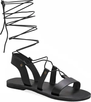 Emmanuela Ancient Greek Style Knee High Leather Sandals, Handmade Open Toe Flat Gladiator Sandals, Quality Tie up Strappy Summer Shoes for Women, Boho Chic Rose Gold Silver White Black