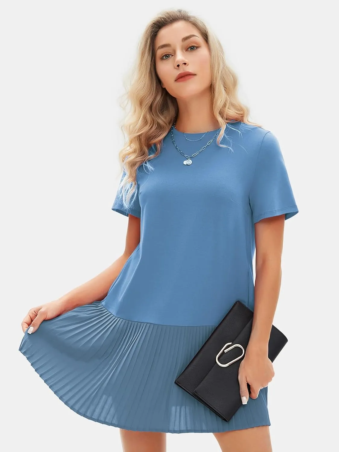 EXLURA Womens Summer Casual Short Sleeve Dress Crewneck Tshirt Dresses Pleated Aline Mini Dress 2025 Vacation Beach Sundress