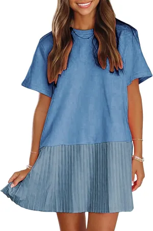EXLURA Womens Summer Casual Short Sleeve Dress Crewneck Tshirt Dresses Pleated Aline Mini Dress 2025 Vacation Beach Sundress