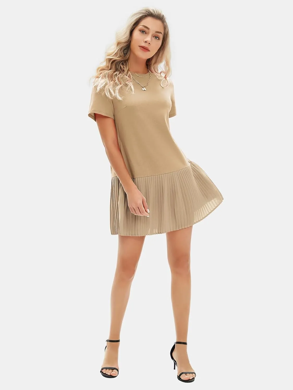 EXLURA Womens Summer Casual Short Sleeve Dress Crewneck Tshirt Dresses Pleated Aline Mini Dress 2025 Vacation Beach Sundress