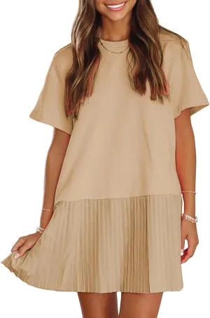 EXLURA Womens Summer Casual Short Sleeve Dress Crewneck Tshirt Dresses Pleated Aline Mini Dress 2025 Vacation Beach Sundress