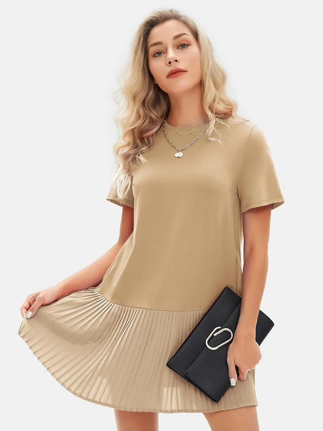 EXLURA Womens Summer Casual Short Sleeve Dress Crewneck Tshirt Dresses Pleated Aline Mini Dress 2025 Vacation Beach Sundress