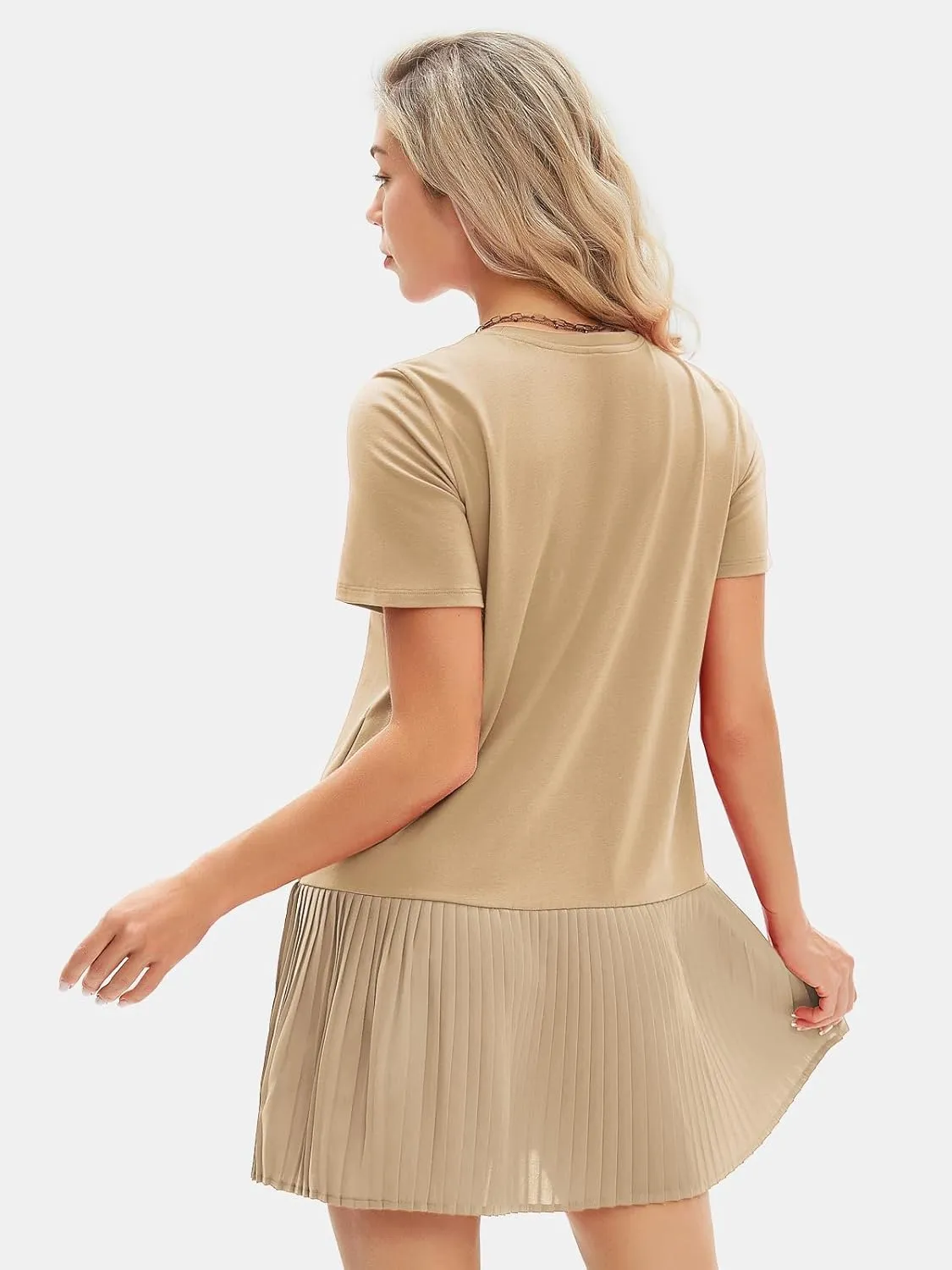 EXLURA Womens Summer Casual Short Sleeve Dress Crewneck Tshirt Dresses Pleated Aline Mini Dress 2025 Vacation Beach Sundress