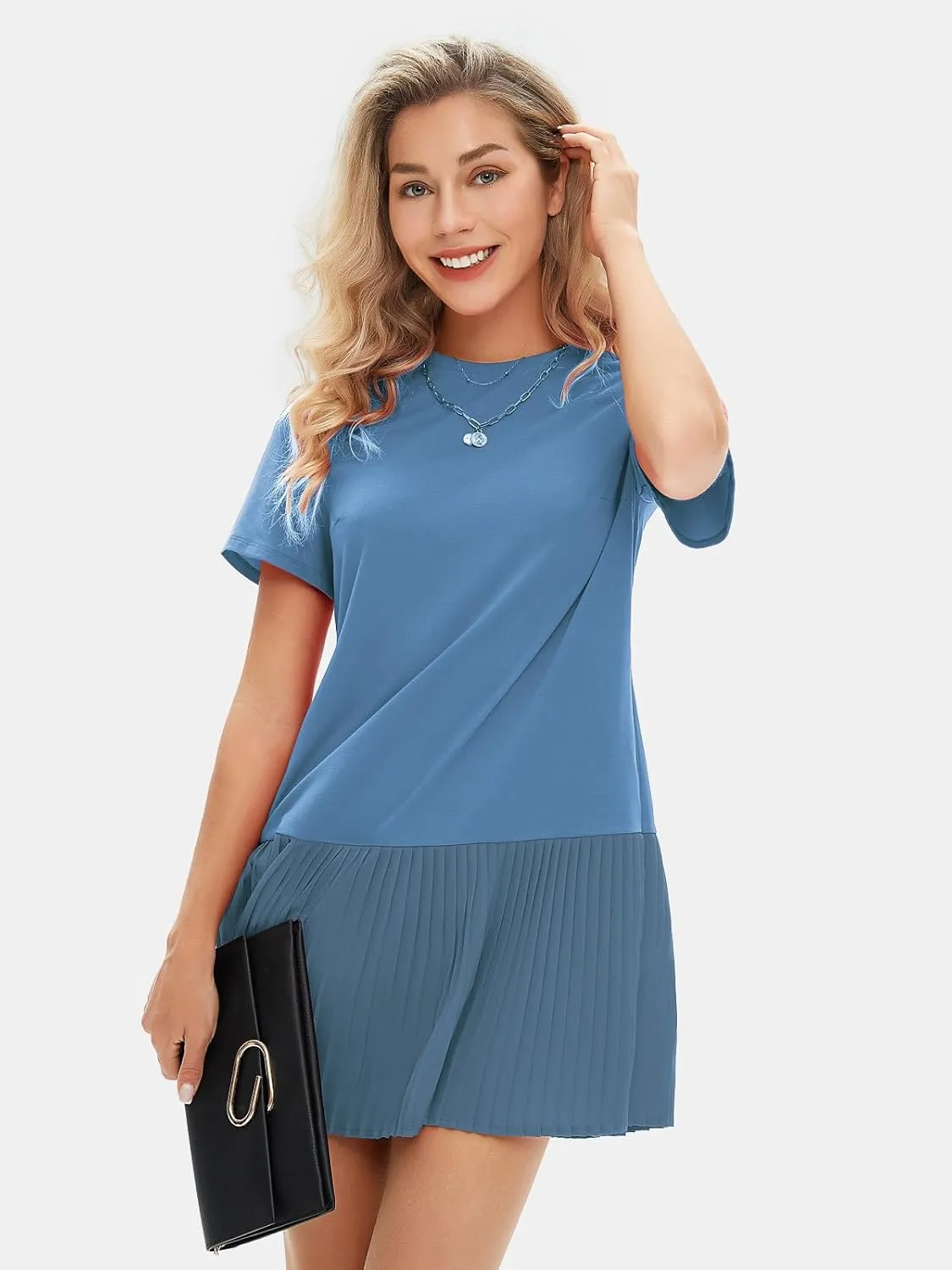 EXLURA Womens Summer Casual Short Sleeve Dress Crewneck Tshirt Dresses Pleated Aline Mini Dress 2025 Vacation Beach Sundress