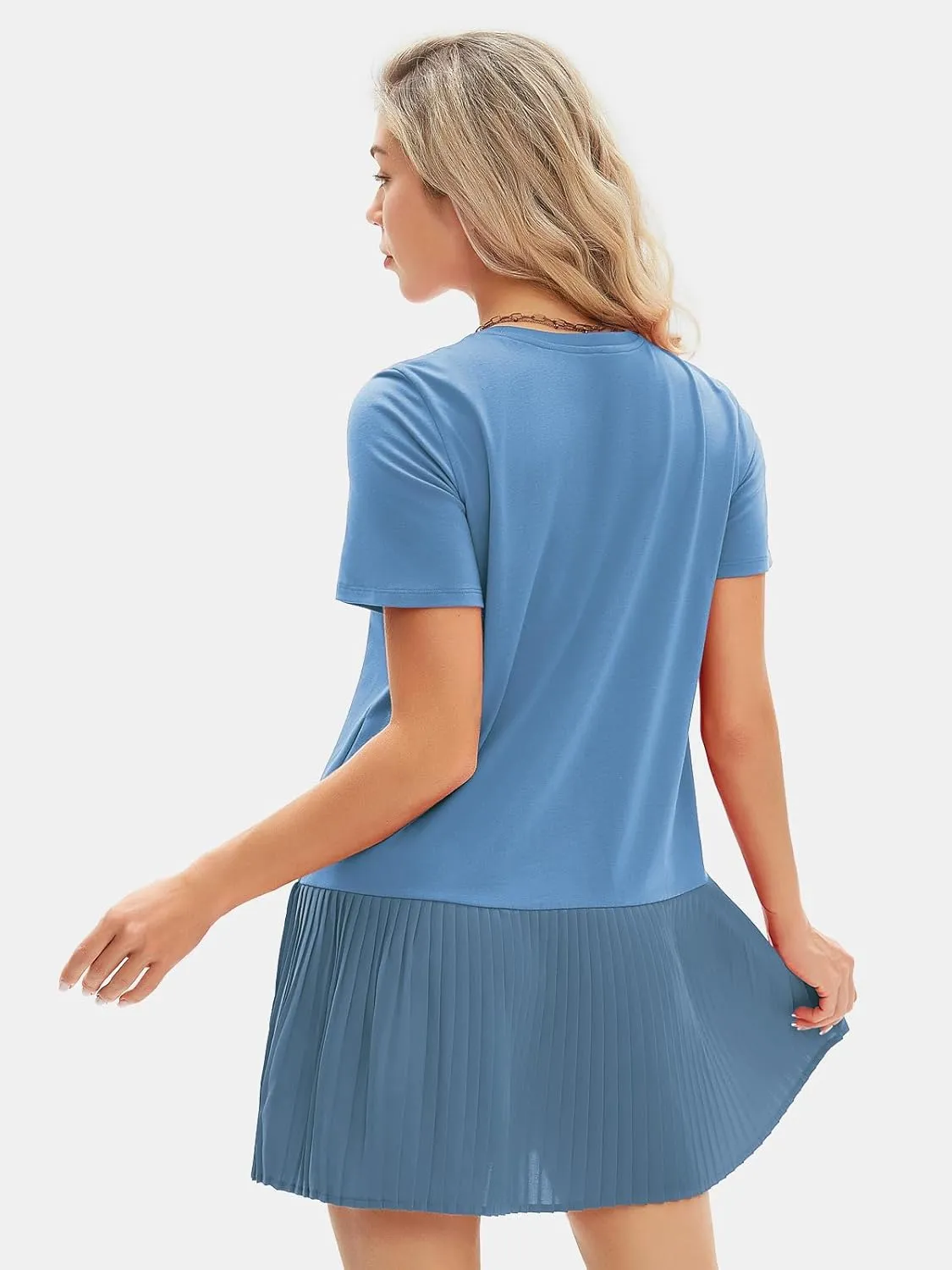 EXLURA Womens Summer Casual Short Sleeve Dress Crewneck Tshirt Dresses Pleated Aline Mini Dress 2025 Vacation Beach Sundress