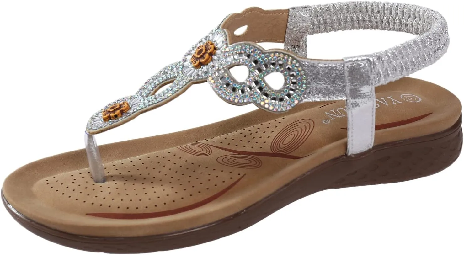 Flat Sandals for Women Bohemian Dressy Floral Thong Flats Summer Casual Beach Boho Sandal with Elastic Ankle Strap
