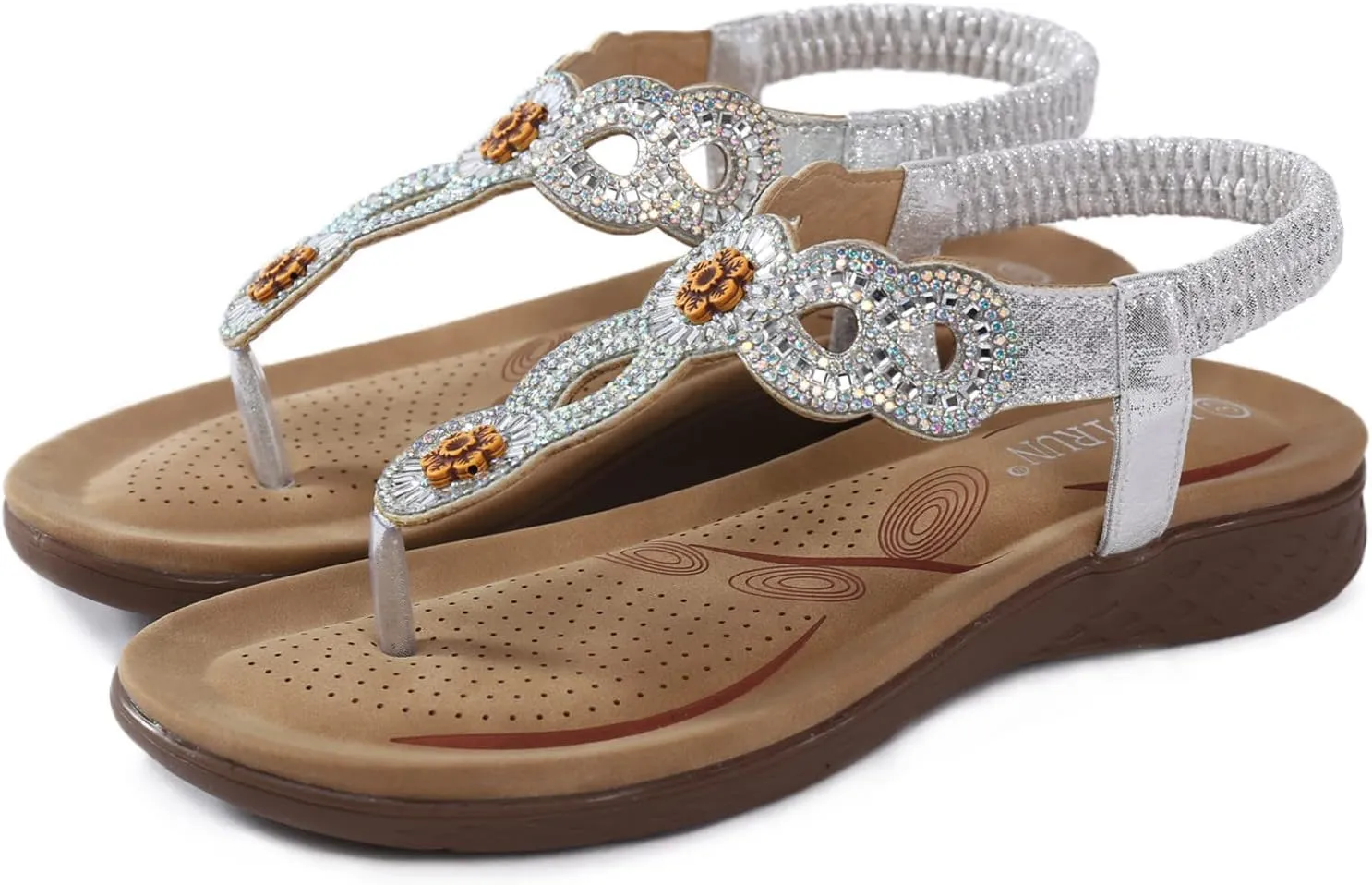 Flat Sandals for Women Bohemian Dressy Floral Thong Flats Summer Casual Beach Boho Sandal with Elastic Ankle Strap