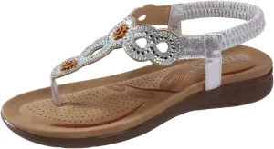 Flat Sandals for Women Bohemian Dressy Floral Thong Flats Summer Casual Beach Boho Sandal with Elastic Ankle Strap