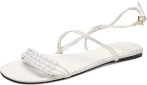 Flats Sandals for Women Strappy Beaded Peral Low Heel Round Open Toe Casual Vacation Beach Daily Shoes