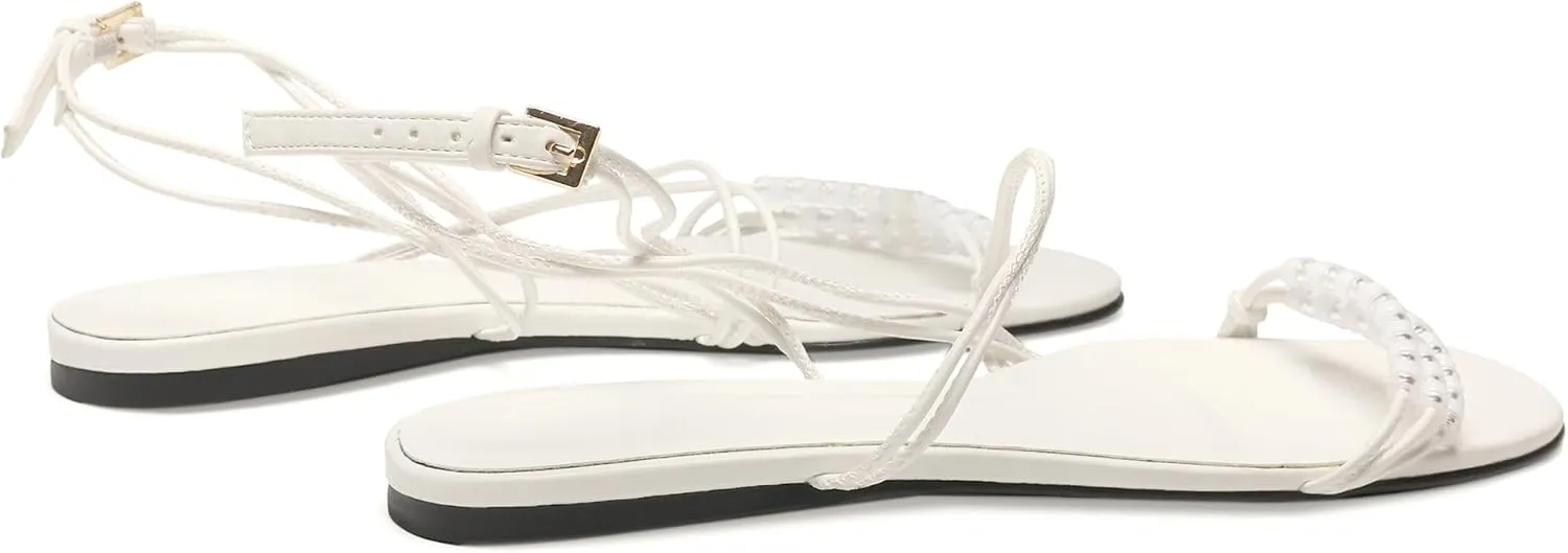 Flats Sandals for Women Strappy Beaded Peral Low Heel Round Open Toe Casual Vacation Beach Daily Shoes