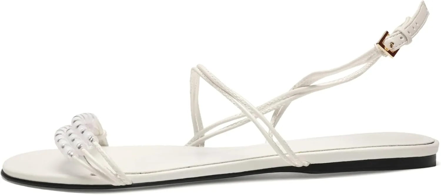 Flats Sandals for Women Strappy Beaded Peral Low Heel Round Open Toe Casual Vacation Beach Daily Shoes