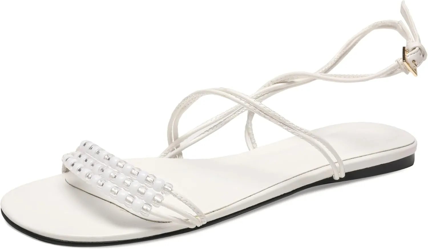 Flats Sandals for Women Strappy Beaded Peral Low Heel Round Open Toe Casual Vacation Beach Daily Shoes