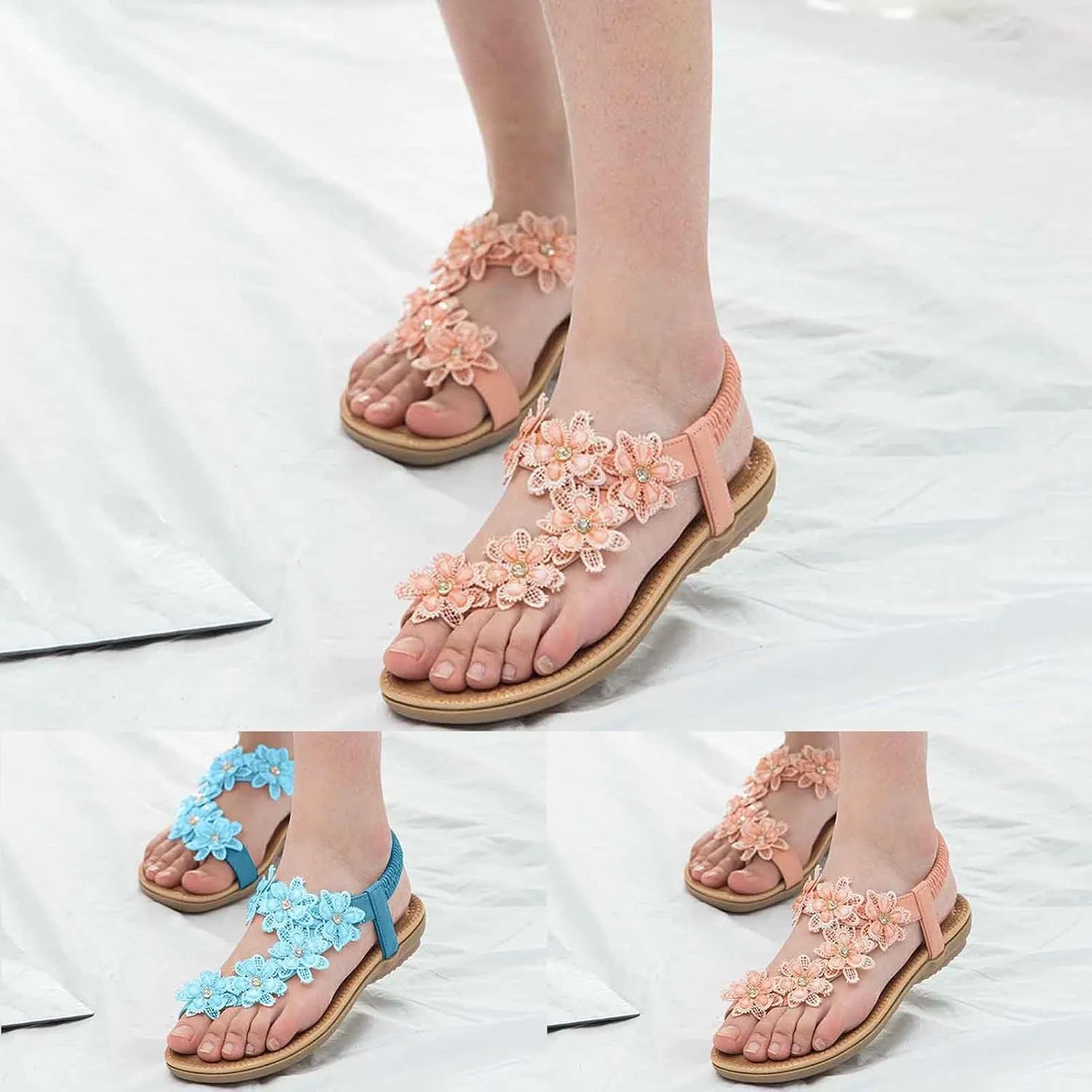 Floral Braided Flat Sandals for Women – Rhinestone Decorated Open Toe Gladiator Shoes with Arch Support, Elastic Ankle Strap Casual Beach Sandals