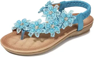Floral Braided Flat Sandals for Women – Rhinestone Decorated Open Toe Gladiator Shoes with Arch Support, Elastic Ankle Strap Casual Beach Sandals