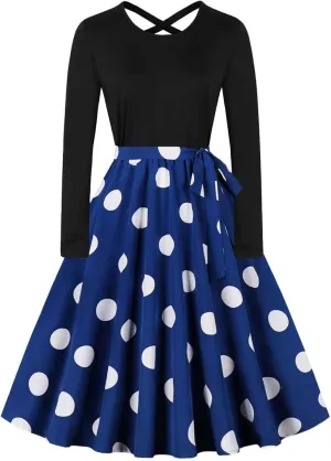 Flowy Fall Dresses for Women Vintage Long Sleeve Polka Dots Hepburn Dress 1950s Audrey Retro Party Cocktail Dresses
