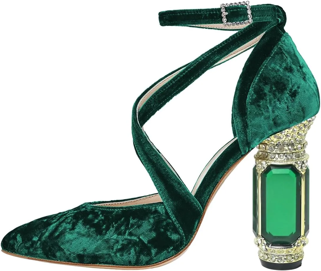 FSJ Women Chic Cross Strap Velvet Pumps Pointed Closed Toe Crystal Chunky High Heel Buckle Ankle Strap Fashion Party Dress Shoes Size 4-16 US