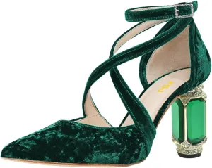 FSJ Women Chic Cross Strap Velvet Pumps Pointed Closed Toe Crystal Chunky High Heel Buckle Ankle Strap Fashion Party Dress Shoes Size 4-16 US