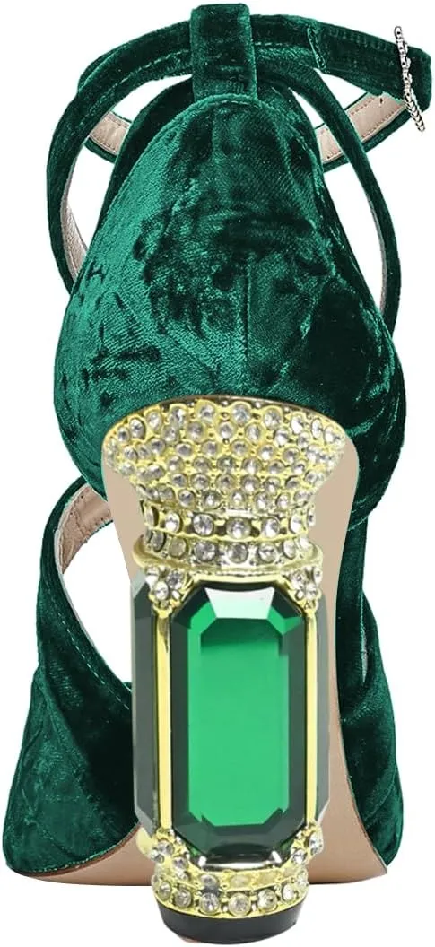 FSJ Women Chic Cross Strap Velvet Pumps Pointed Closed Toe Crystal Chunky High Heel Buckle Ankle Strap Fashion Party Dress Shoes Size 4-16 US