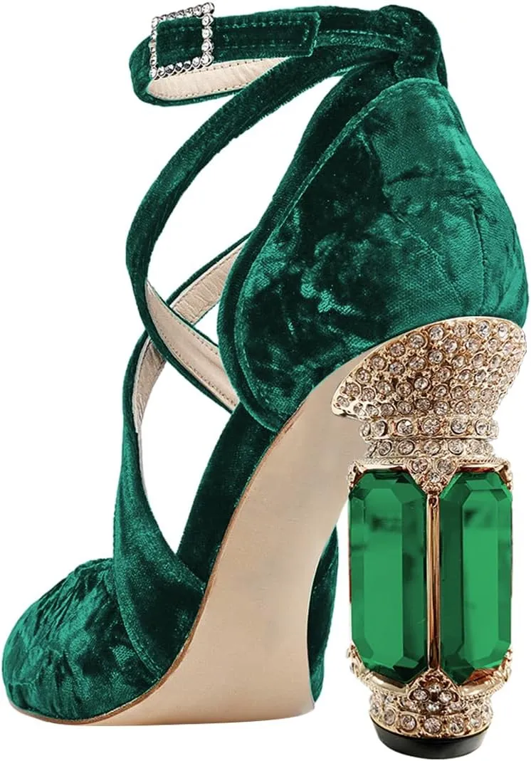FSJ Women Chic Cross Strap Velvet Pumps Pointed Closed Toe Crystal Chunky High Heel Buckle Ankle Strap Fashion Party Dress Shoes Size 4-16 US