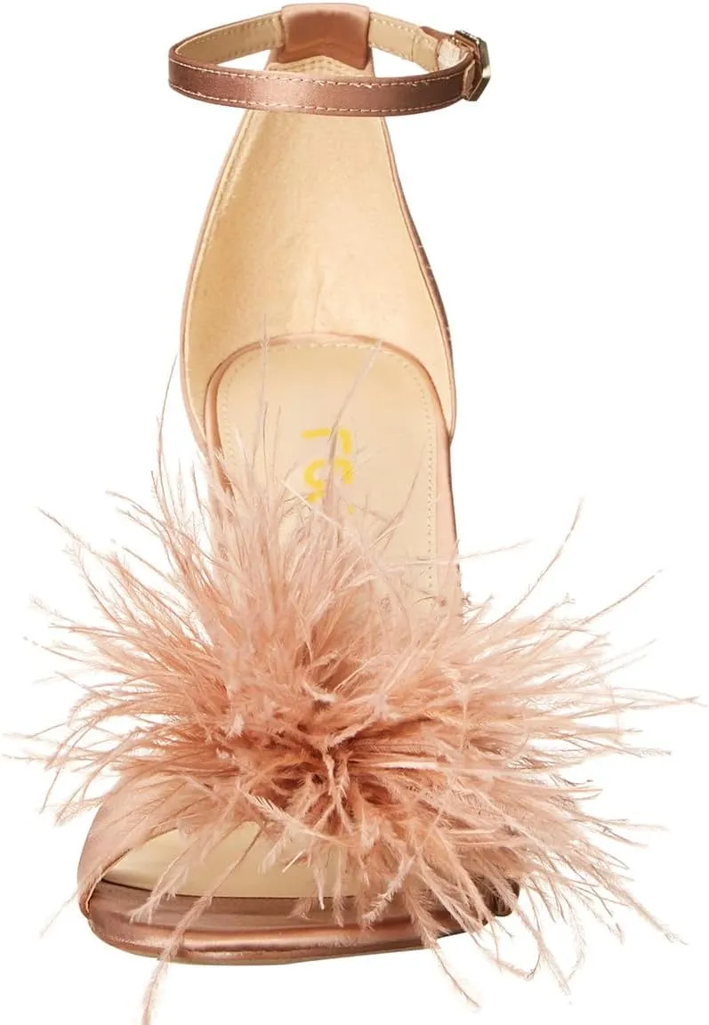 FSJ Women Chic Feather Open Toe Ankle Strap Sandals Crystal Block High Heel Furry Wedding Evening Prom Shoes Size 4-16 US