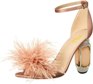 FSJ Women Chic Feather Open Toe Ankle Strap Sandals Crystal Block High Heel Furry Wedding Evening Prom Shoes Size 4-16 US
