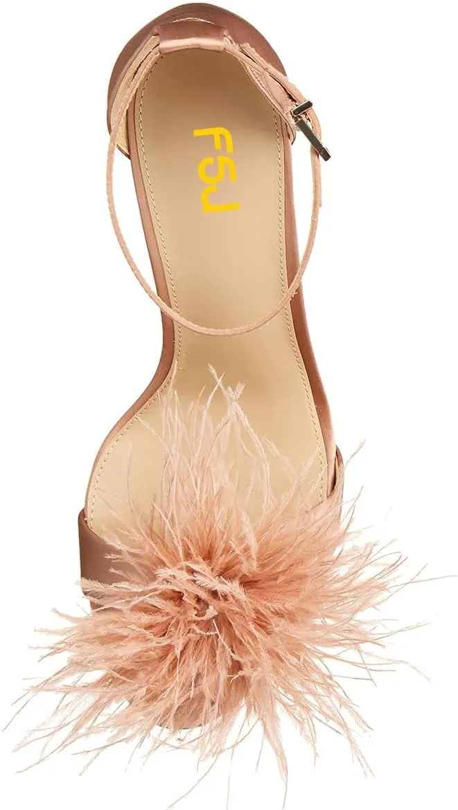 FSJ Women Chic Feather Open Toe Ankle Strap Sandals Crystal Block High Heel Furry Wedding Evening Prom Shoes Size 4-16 US