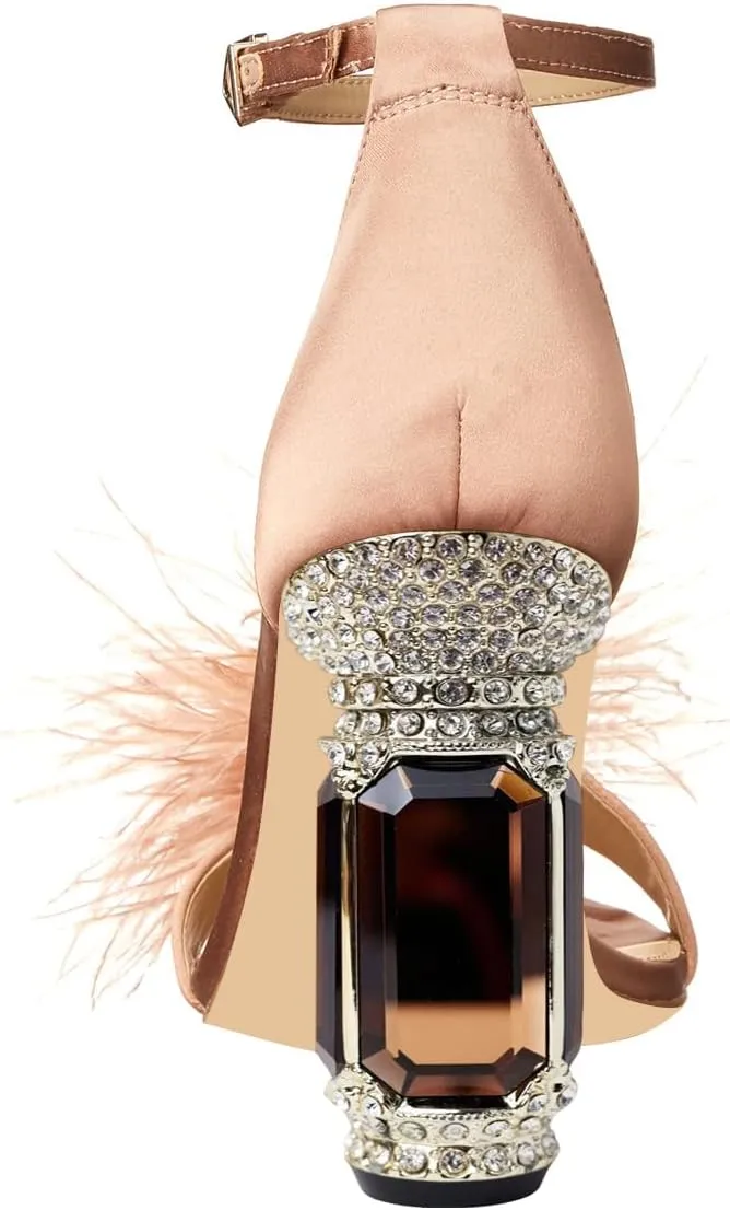 FSJ Women Chic Feather Open Toe Ankle Strap Sandals Crystal Block High Heel Furry Wedding Evening Prom Shoes Size 4-16 US