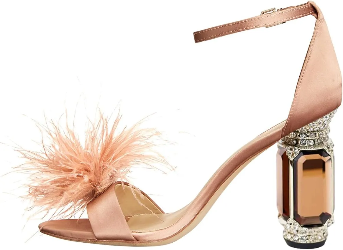 FSJ Women Chic Feather Open Toe Ankle Strap Sandals Crystal Block High Heel Furry Wedding Evening Prom Shoes Size 4-16 US