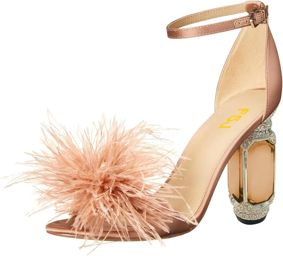 FSJ Women Chic Feather Open Toe Ankle Strap Sandals Crystal Block High Heel Furry Wedding Evening Prom Shoes Size 4-16 US