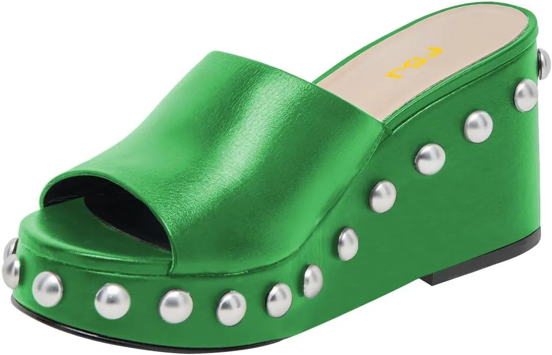 FSJ Women Classic Open Toe Wedge Heels Slide Heeled Sandals Studded Metal Rivets Slip On Mules Summer Casual Dress Shoes Size 4-16 US