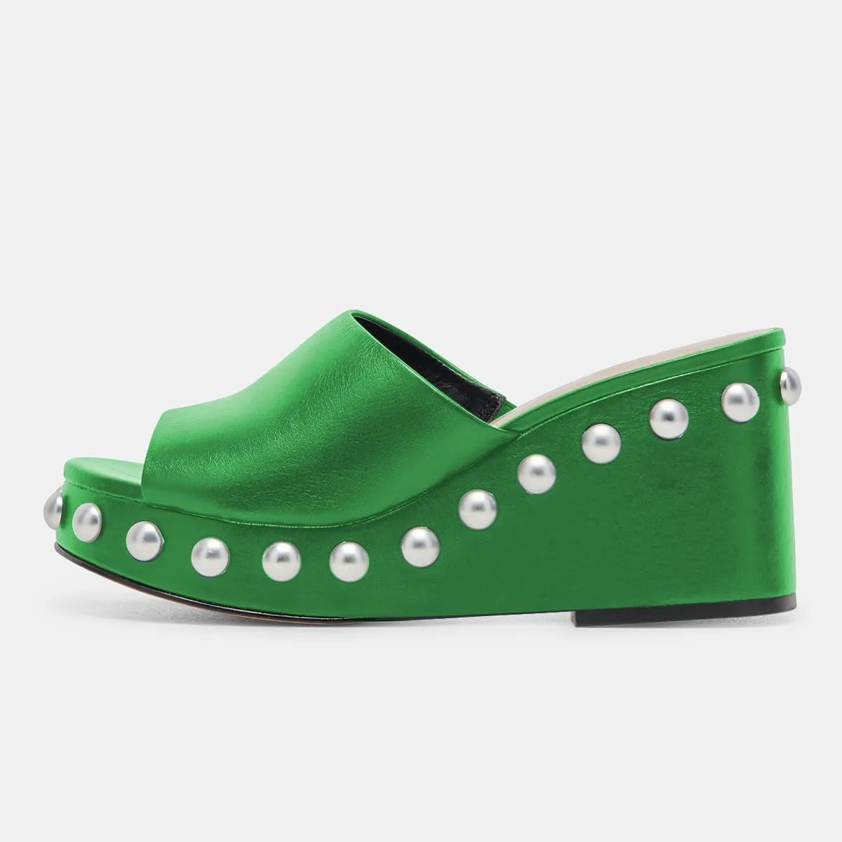 FSJ Women Classic Open Toe Wedge Heels Slide Heeled Sandals Studded Metal Rivets Slip On Mules Summer Casual Dress Shoes Size 4-16 US