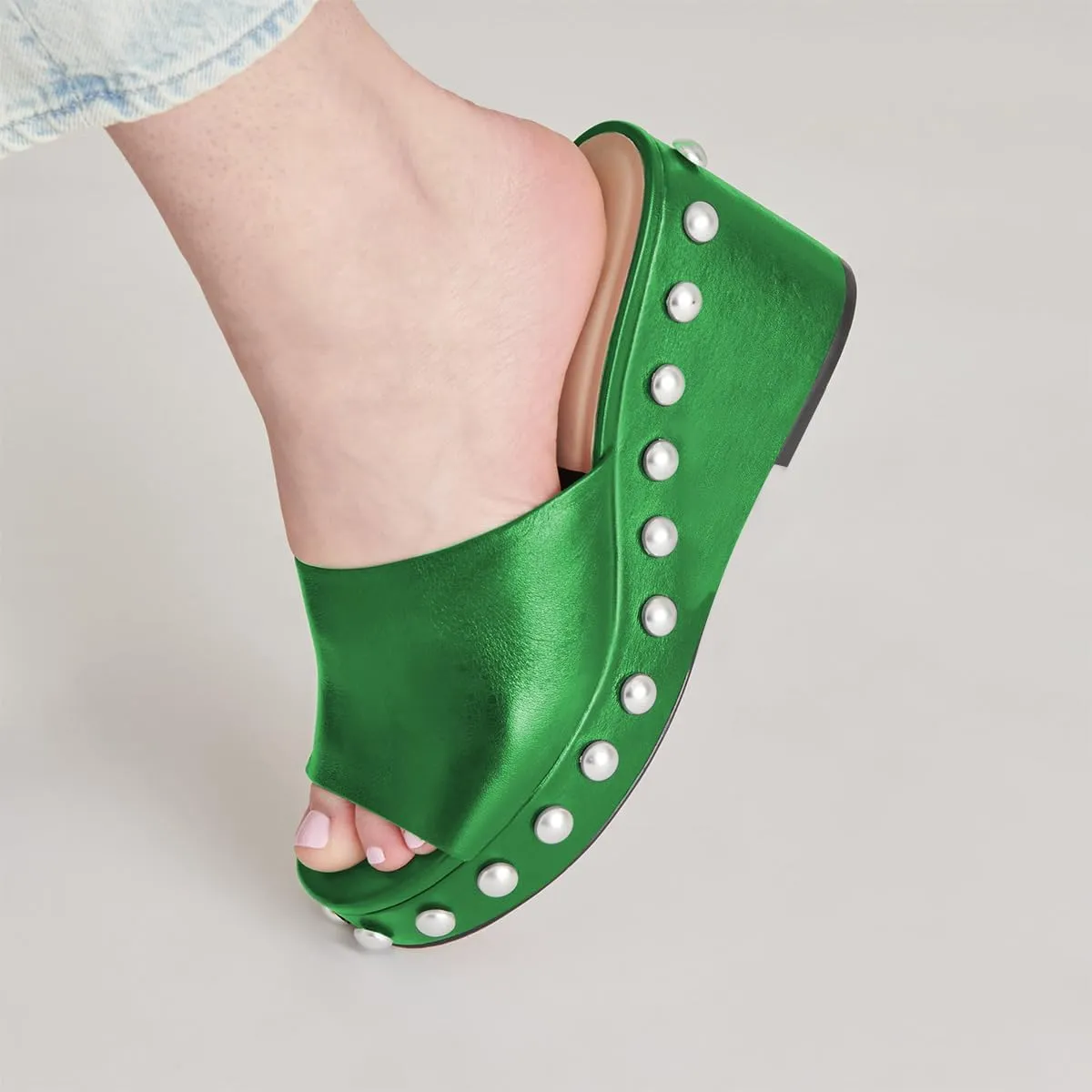 FSJ Women Classic Open Toe Wedge Heels Slide Heeled Sandals Studded Metal Rivets Slip On Mules Summer Casual Dress Shoes Size 4-16 US