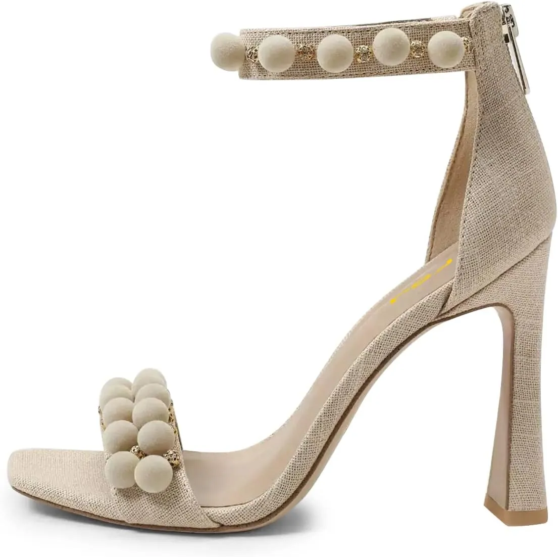 FSJ Women Cute Hair Ball Ankle Strap Sandals Open Toe Chunky High Heels Back Zip Daily Party Dress Shoes Size 4-15 US
