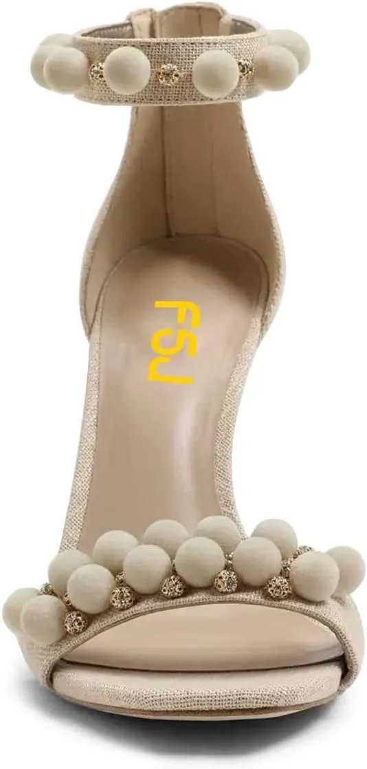 FSJ Women Cute Hair Ball Ankle Strap Sandals Open Toe Chunky High Heels Back Zip Daily Party Dress Shoes Size 4-15 US